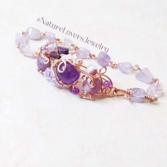Lilac & Purple Butterfly + Gemstone Bracelet! Amethyst + Agate + WireWrap Copper - Picture 2 of 14